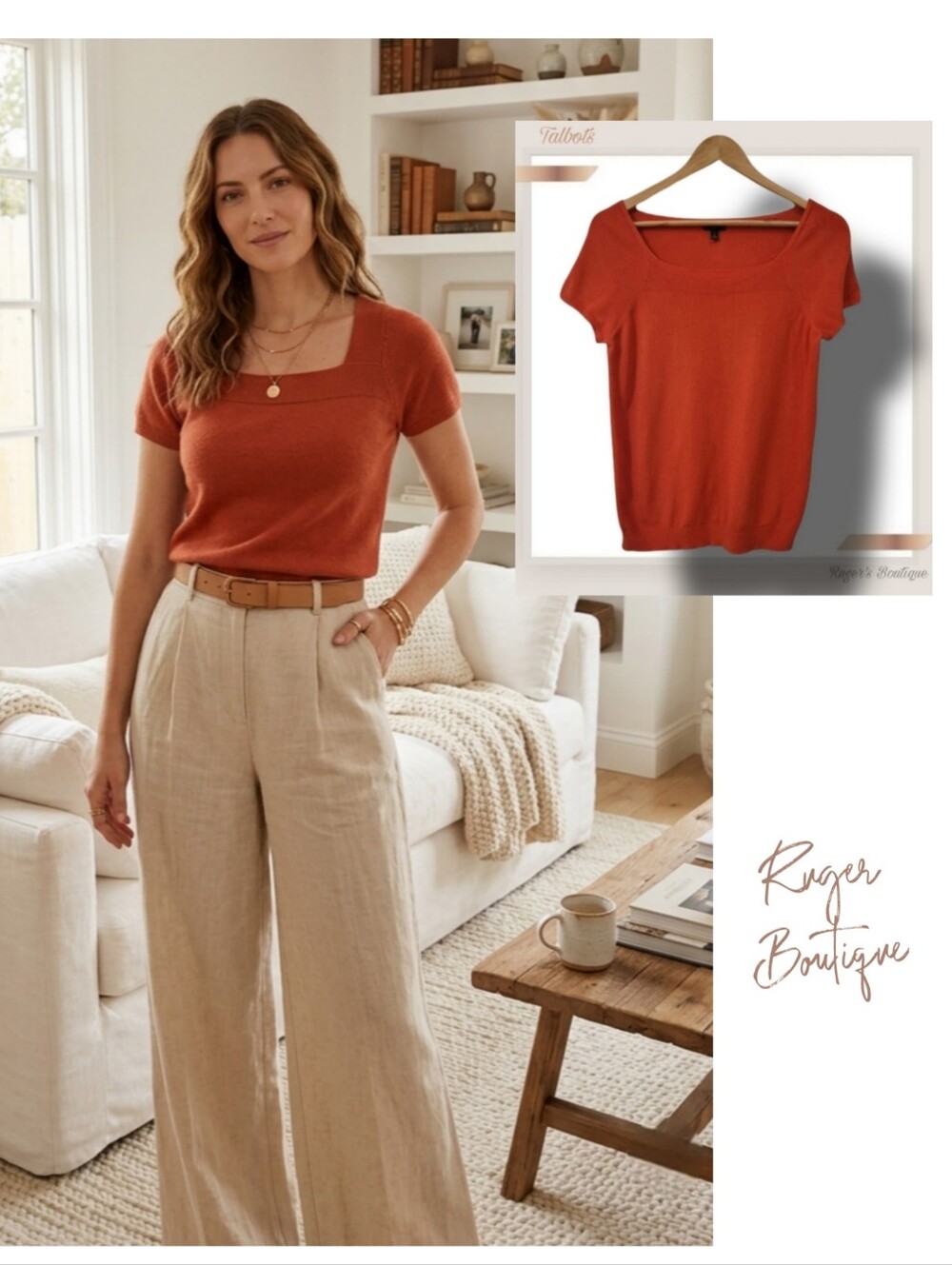 🌿Talbots Women's Small Short Sleeve Knit Top in Pumpkin-Beautiful!
